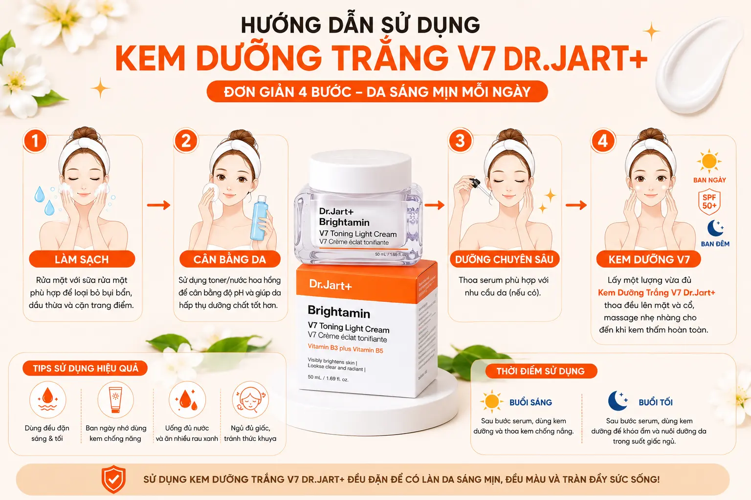 Hướng dẫn sử dụng Kem Dưỡng Trắng V7 Hàn Quốc Dr.Jart+ Toning Light Cream 50ml