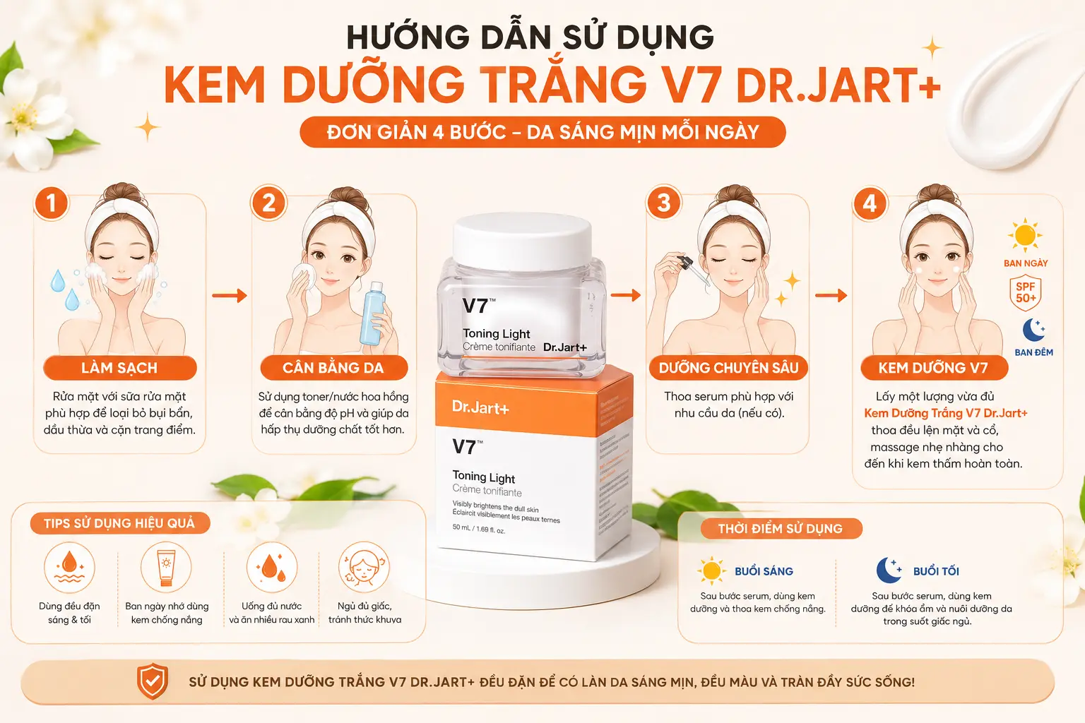 Hướng dẫn sử dụng Kem Dưỡng Trắng V7 Hàn Quốc Dr.Jart+ Toning Light Cream 50ml