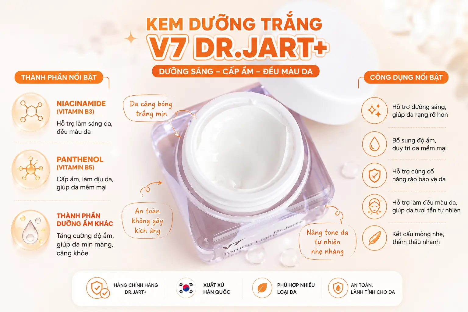 Hướng dẫn sử dụng Kem Dưỡng Trắng V7 Hàn Quốc Dr.Jart+ Toning Light Cream