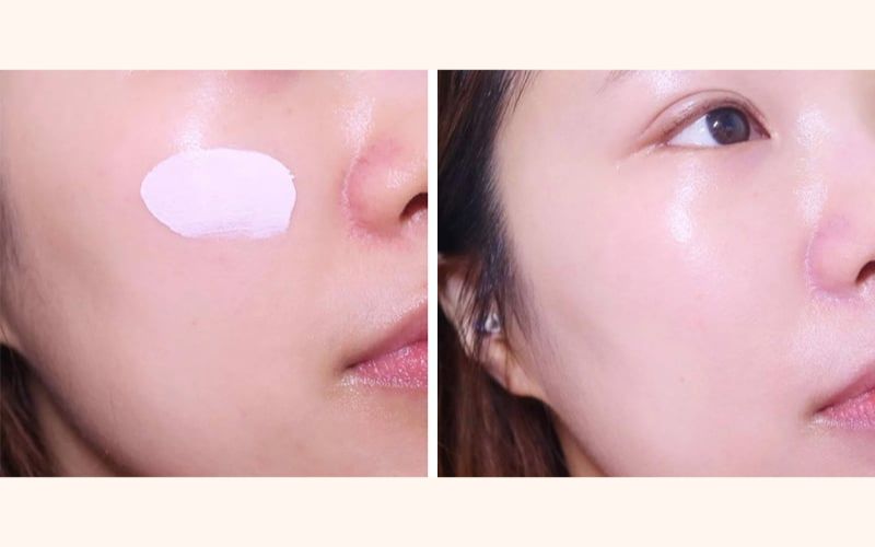 So sánh da trước và sau khi dùng kem chống nắng Cell Fusion C Toning màu hồng
