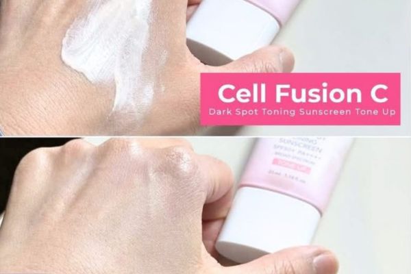 Hình ảnh chất kem chống nắng Cell Fusion C hồng chính hãng với kết cấu mềm mịn, dễ tán, hỗ trợ nâng tone tự nhiên và không gây bí da khi sử dụng hằng ngày.