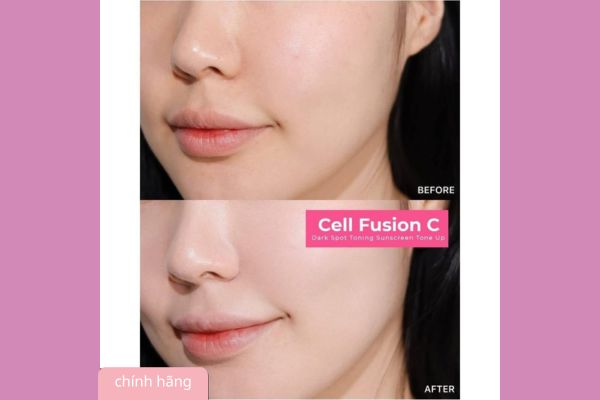 Hình ảnh review thực tế kem chống nắng Cell Fusion C hồng với hiệu ứng nâng tone nhẹ tự nhiên, giúp da đều màu và sáng khỏe hơn sau khi sử dụng.