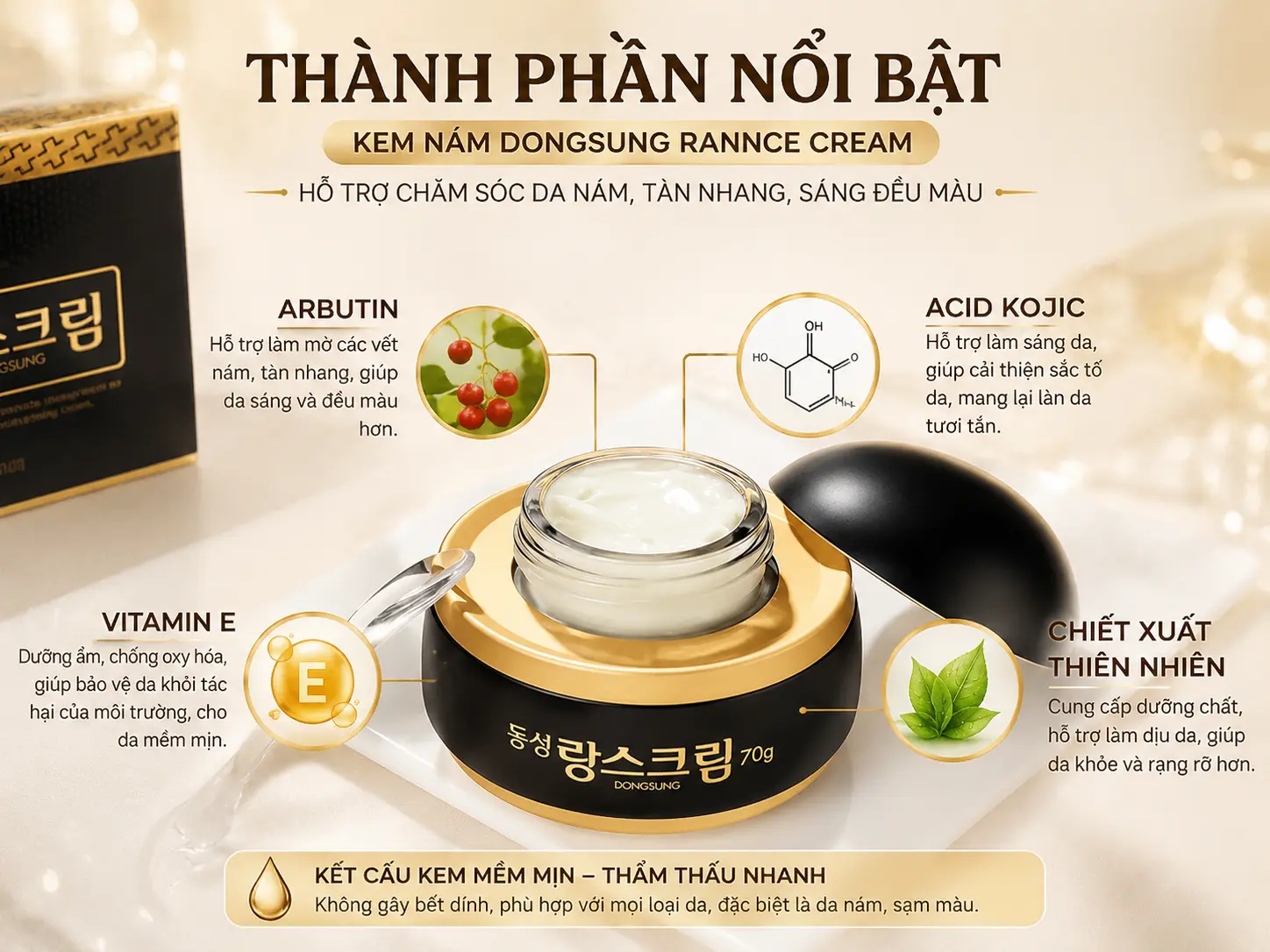 Thành phần nổi bật của Kem Nám Dongsung Rannce Cream Hàn Quốc gồm Arbutin, Acid Kojic và Vitamin E