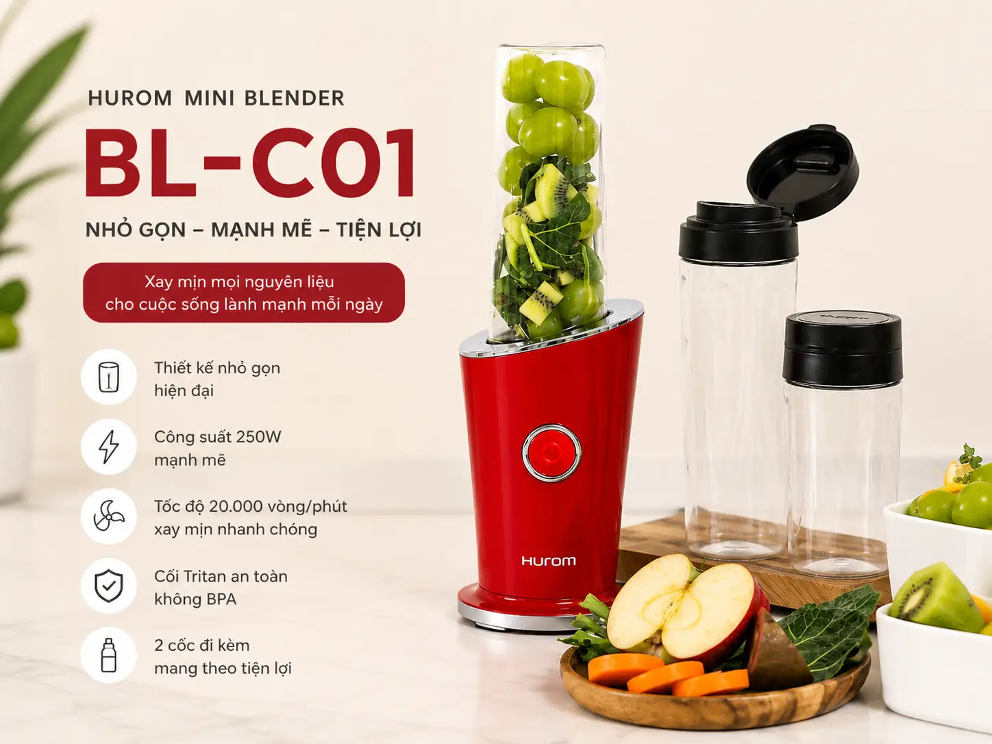 Máy xay sinh tố Hurom Mini Blender chính hãng Hàn Quốc Model BL-C01 thiết kế nhỏ gọn, tiện lợi cho gia đình và văn phòng.