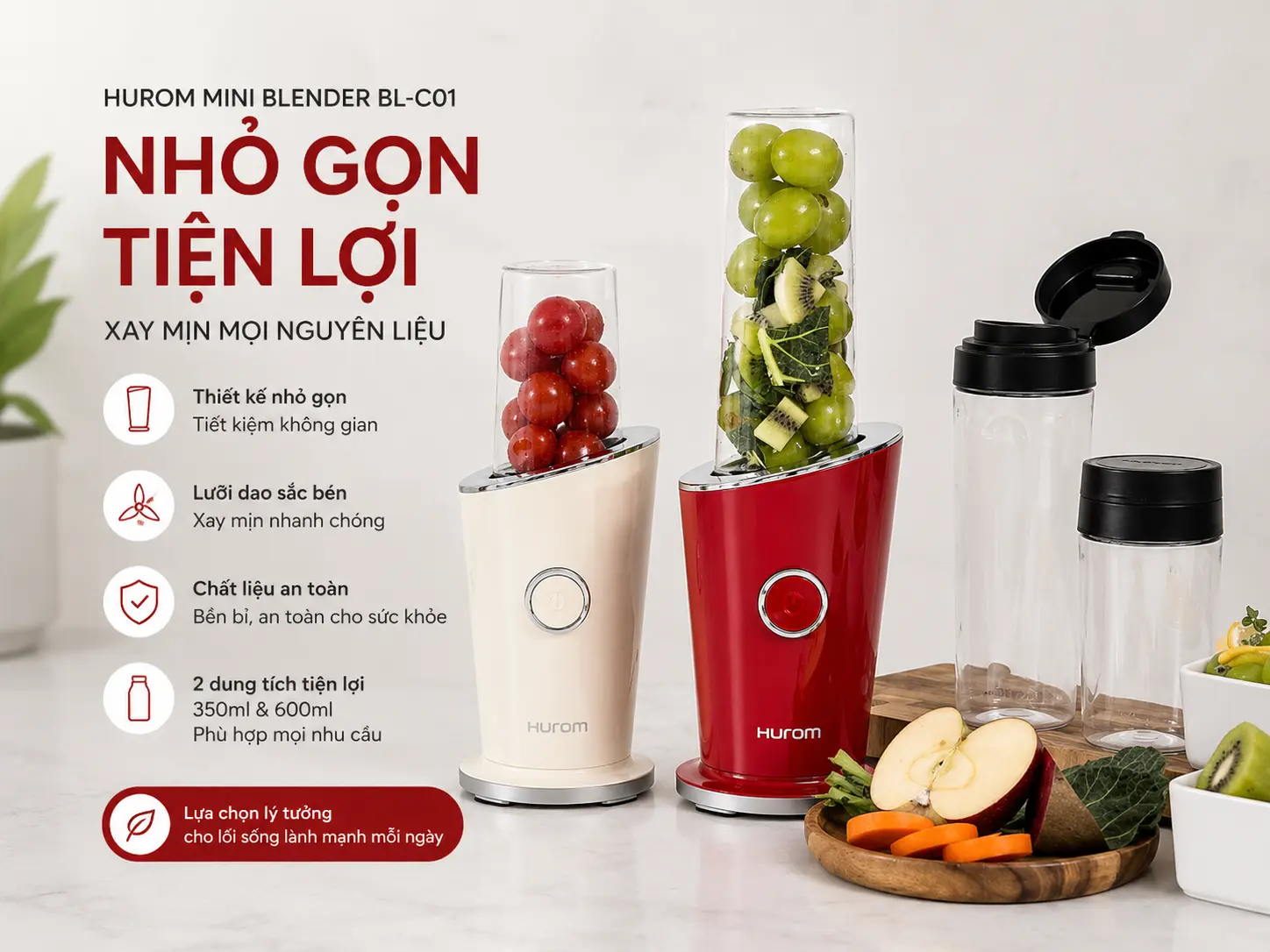 Máy xay sinh tố Hurom Mini Blender chính hãng Hàn Quốc Model BL-C01 với thiết kế nhỏ gọn, xay sinh tố, smoothie, trái cây và rau củ nhanh chóng.