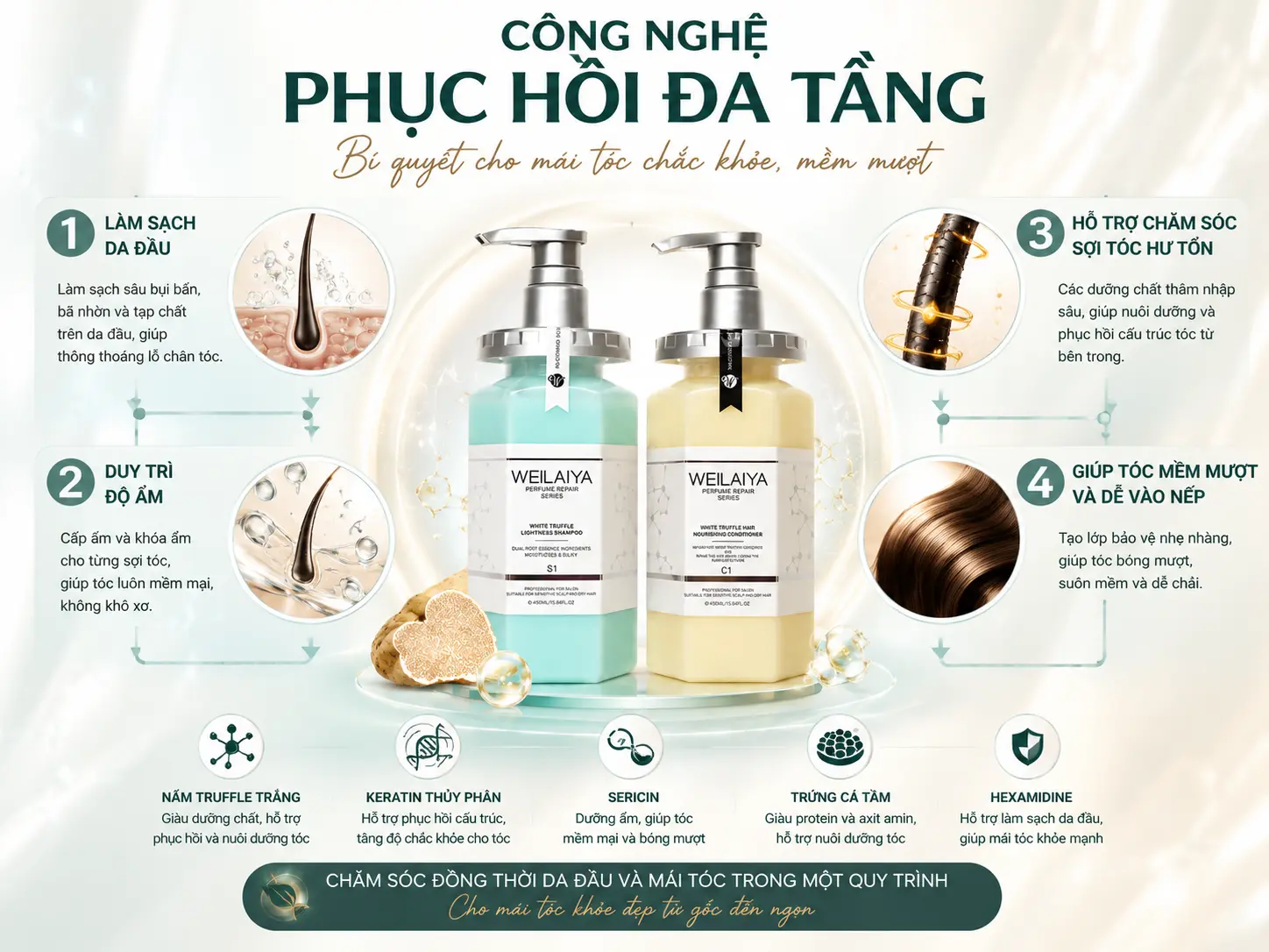 Công nghệ phục hồi đa tầng của Dầu gội Weilaiya Nấm Truffle giúp chăm sóc tóc hư tổn