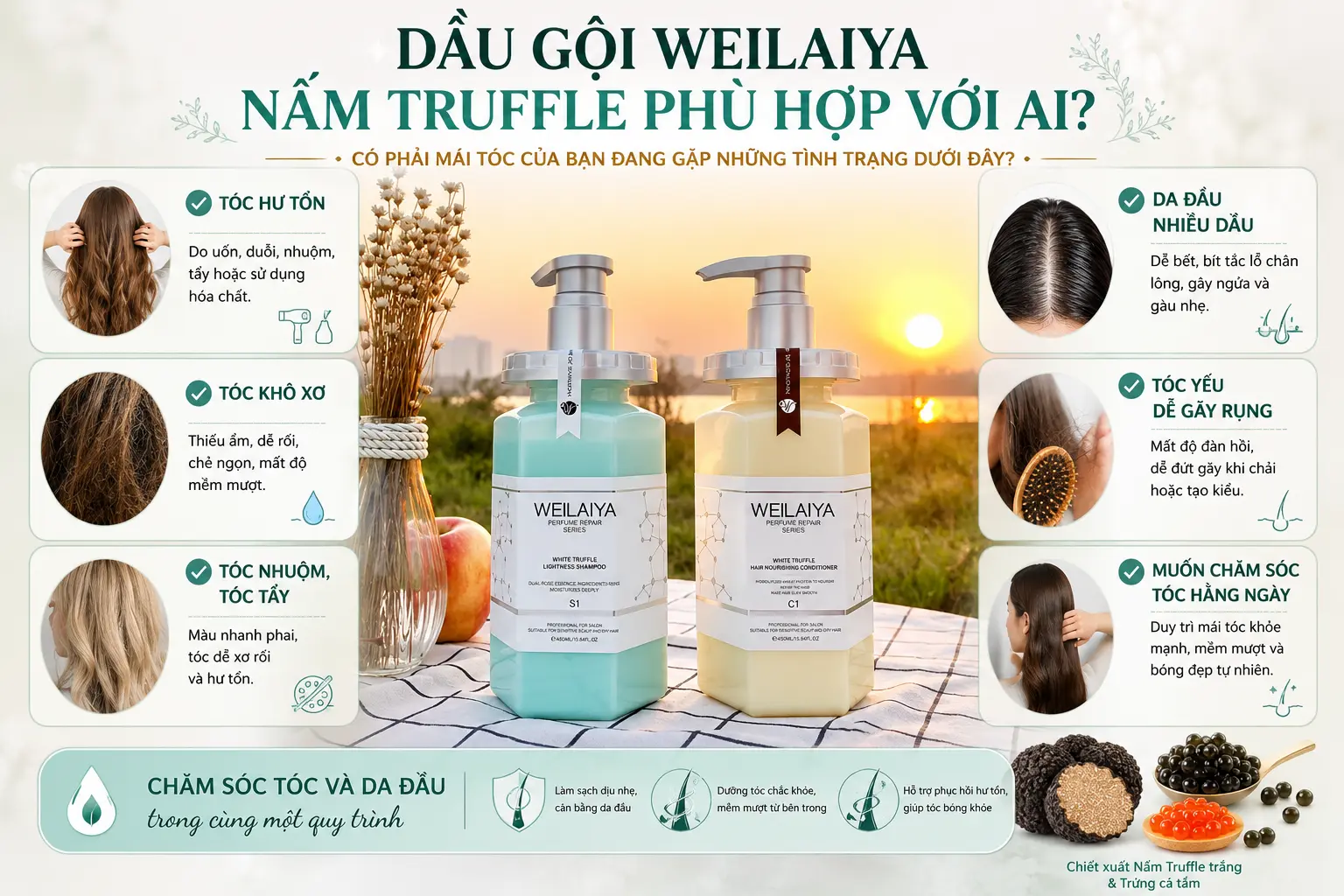 Dầu gội Weilaiya Nấm Truffle phù hợp với tóc hư tổn, tóc khô xơ, tóc nhuộm, tóc tẩy và da đầu nhiều dầu.