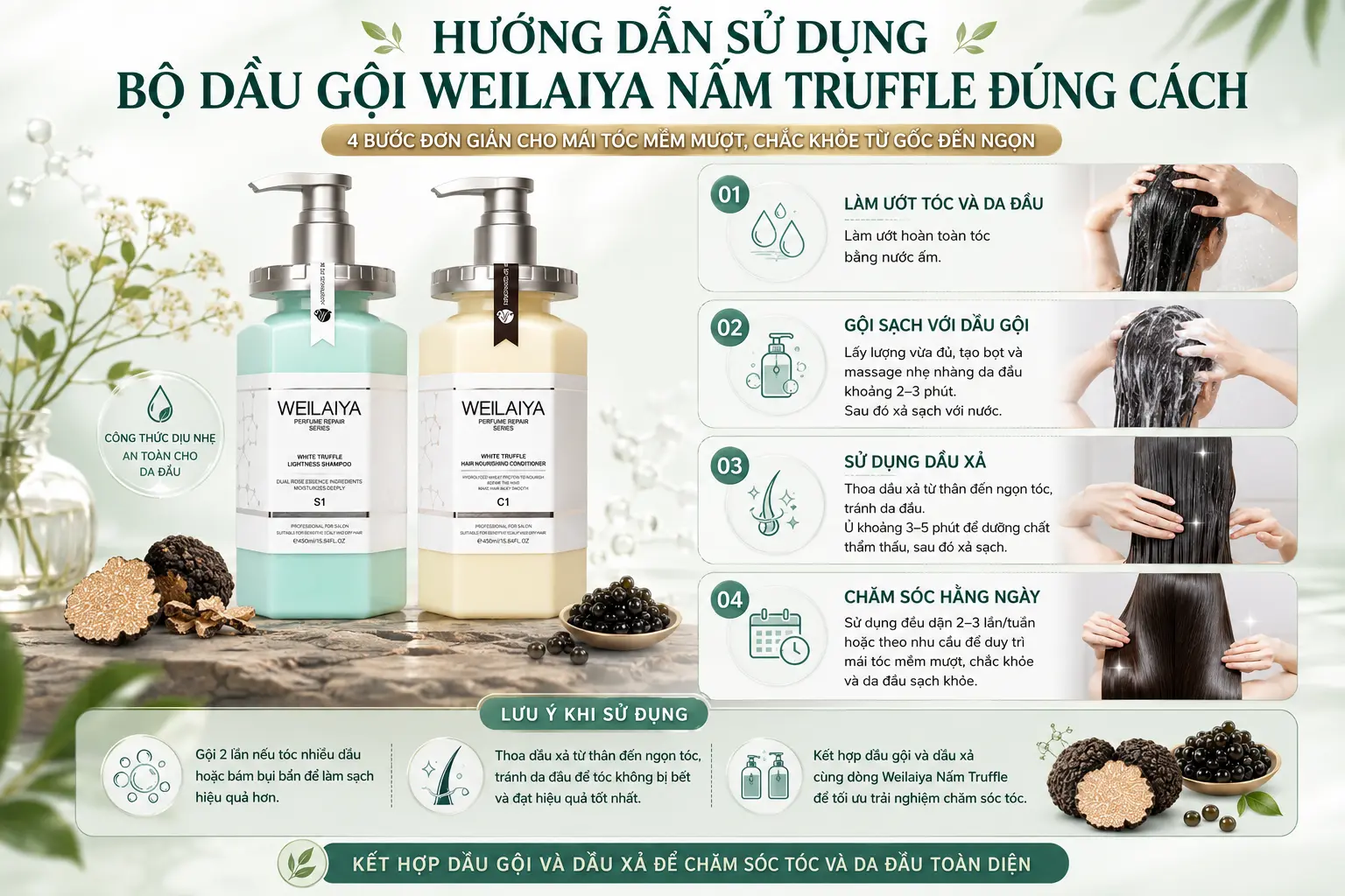 Hướng dẫn sử dụng Dầu gội Weilaiya Nấm Truffle đúng cách với 4 bước chăm sóc tóc và da đầu.