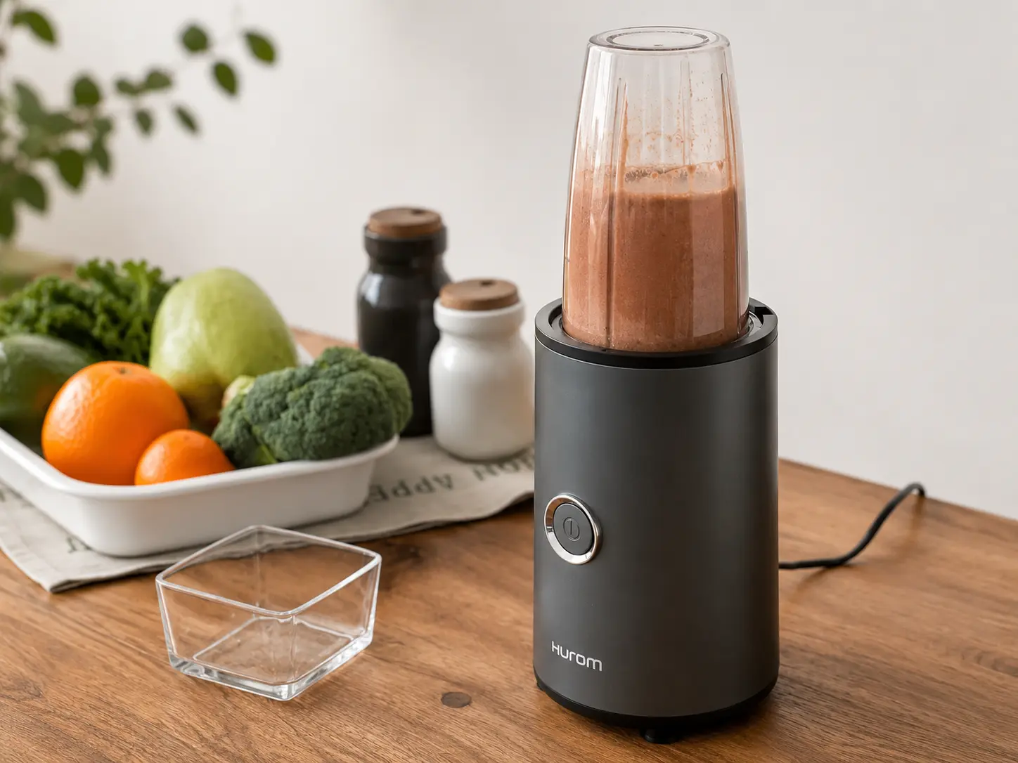 Máy xay sinh tố mini Hurom BL-D01 chính hãng đang xay smoothie từ trái cây và rau củ, công suất 900W, thiết kế nhỏ gọn, phù hợp sử dụng hằng ngày.