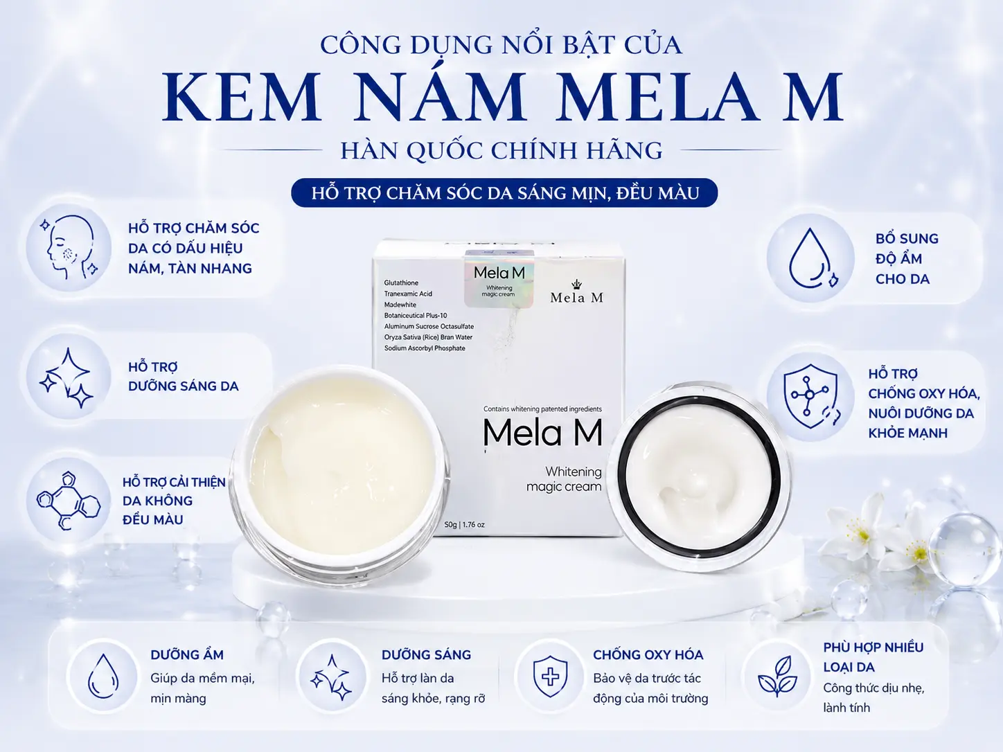 Kem Nám Mela M hỗ trợ dưỡng sáng, cấp ẩm và chăm sóc da không đều màu
