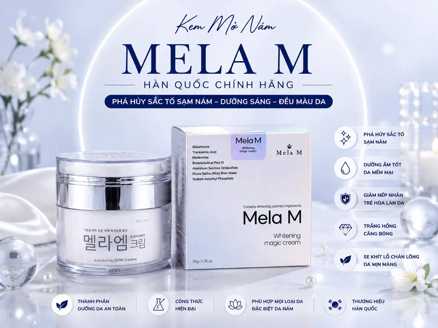 Thành phần nổi bật của Kem Nám Mela M gồm Glutathione, Tranexamic Acid và Madewhite