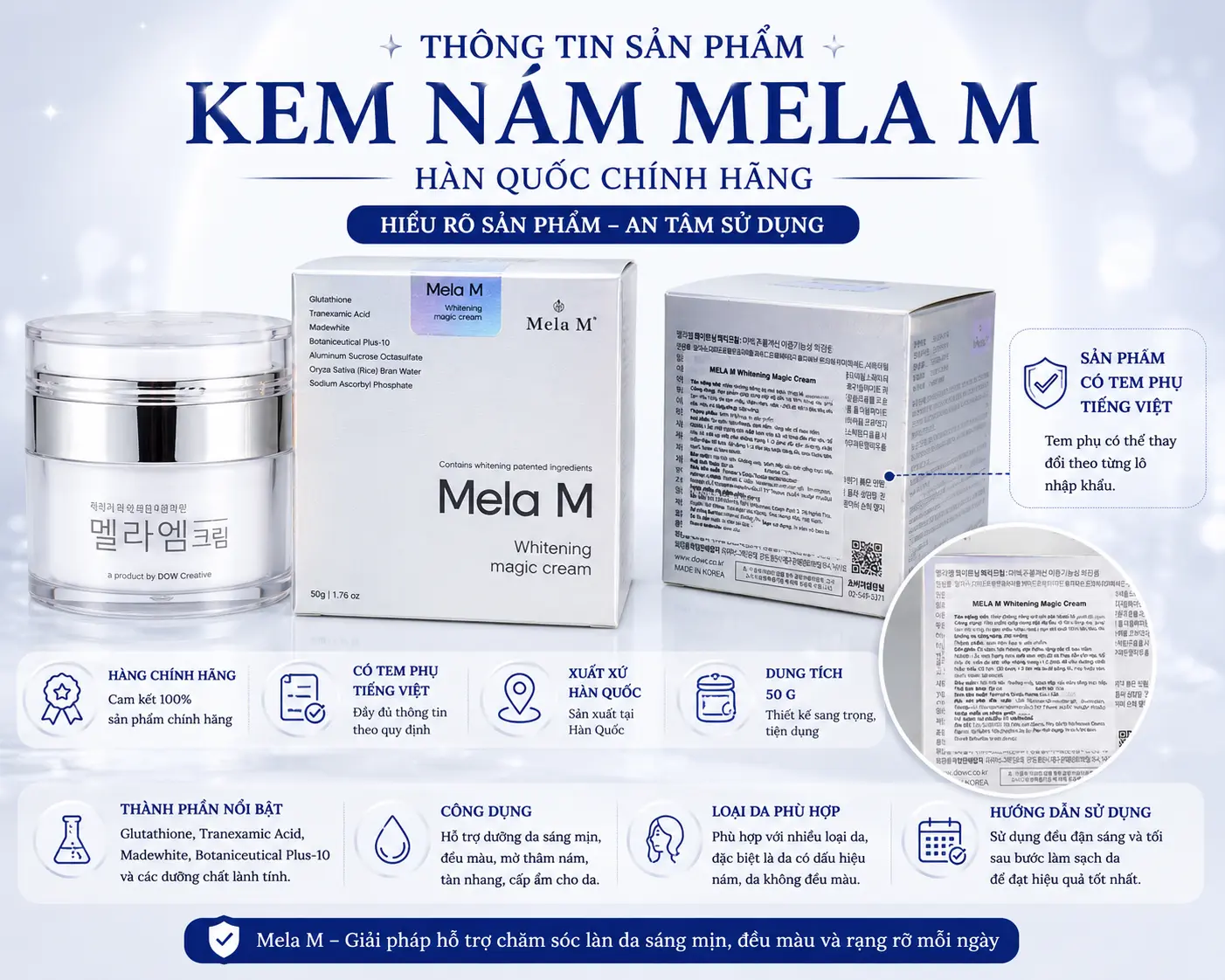 Thông tin Kem Nám Mela M Hàn Quốc Chính Hãng có tem phụ tiếng Việt