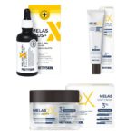 Hình ảnh bộ 3 sản phẩm trị nám PrettySkin Melas 2X gồm kem ngày, kem đêm và serum