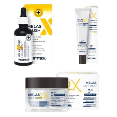 Hình ảnh bộ 3 sản phẩm trị nám PrettySkin Melas 2X gồm kem ngày, kem đêm và serum