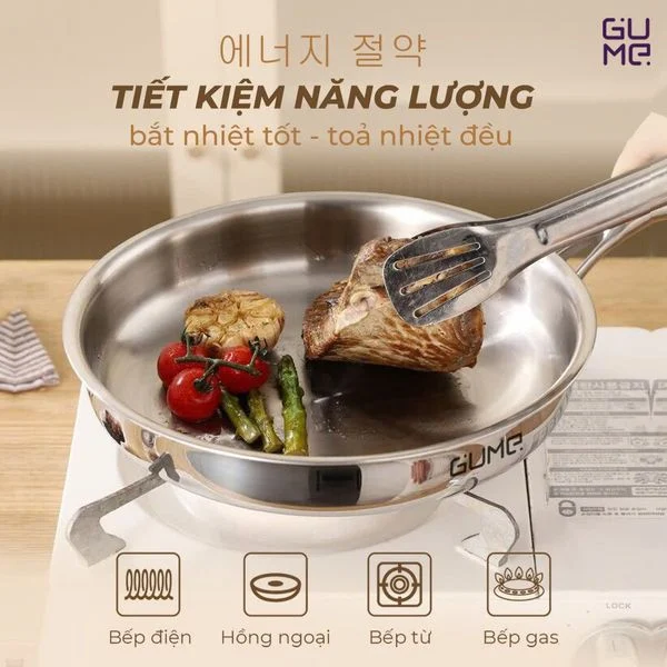 Chảo inox 304 không phủ chống dính Gume giúp truyền nhiệt đều, nấu nhanh và tiết kiệm năng lượng