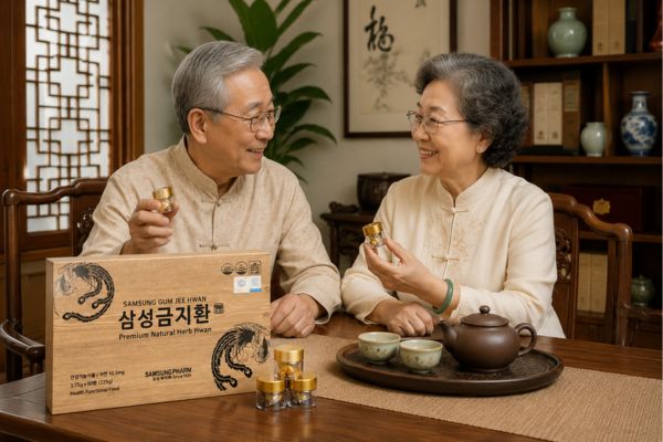 Người lớn tuổi sử dụng An Cung Ngưu Hoàng Hoàn Samsung Gum Jee Hwan hộp gỗ 60 viên