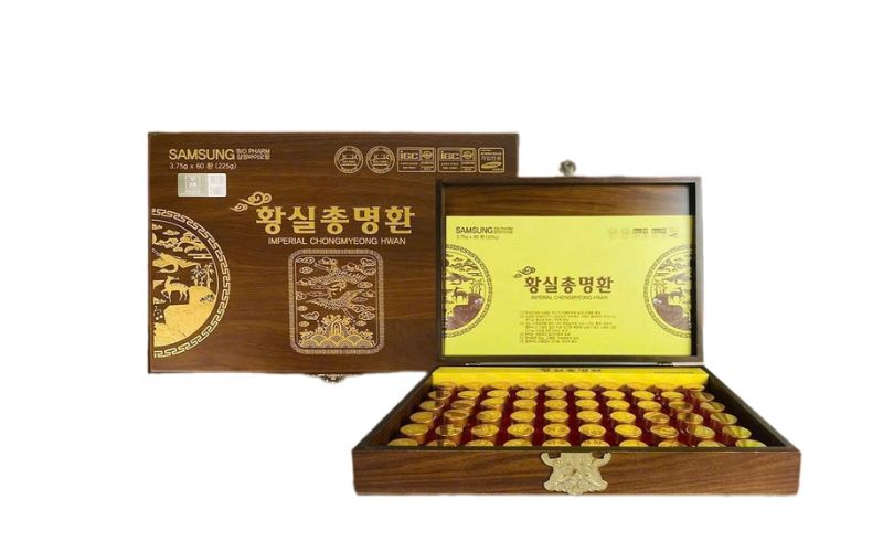Hộp gỗ sản phẩm An Cung 60 Viên Hoàng Gia Hàn Quốc sang trọng, bên trong là các viên hoàn nhỏ gọn