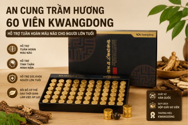 An Cung Trầm Hương 60 Viên Kwangdong Hàn Quốc dạng hộp giấy được nhiều người lựa chọn để hỗ trợ chăm sóc sức khỏe và tuần hoàn máu não cho người lớn tuổi.