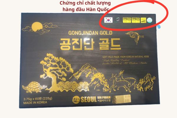 Mặt trước An Cung Trầm Hương Seoul BioPharm với tem niêm phong và chứng nhận tiêu chuẩn Hàn Quốc