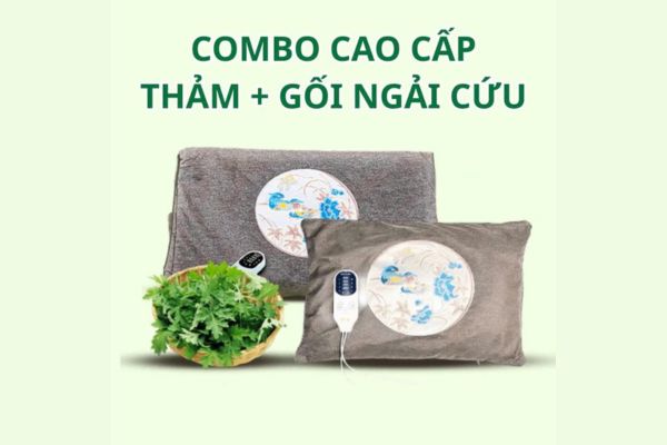 Bộ thảm và gối ngải cứu đông y Happy Life chính hãng, kết hợp thảo dược và nhiệt năng giúp thư giãn, giảm đau mỏi và giữ ấm cơ thể.
