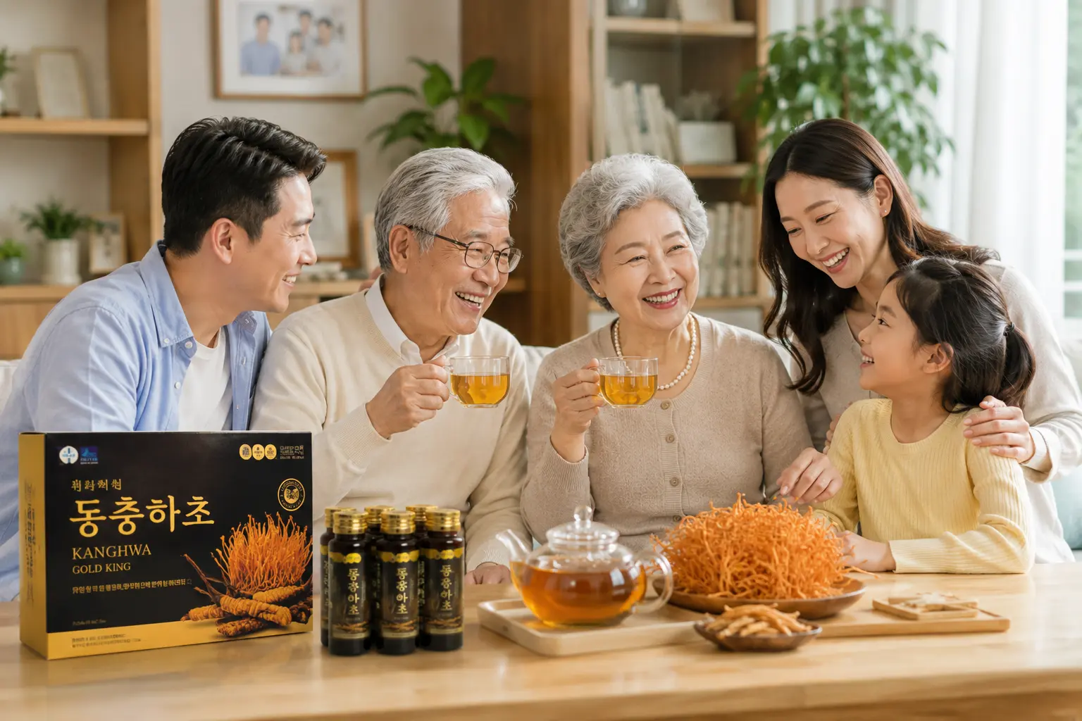 Người cao tuổi quây quần bên gia đình cùng đông trùng hạ thảo Hàn Quốc