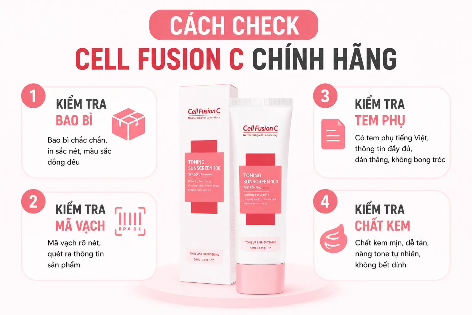 Cách check kem chống nắng Cell Fusion C chính hãng qua bao bì, mã vạch, tem phụ và chất kem