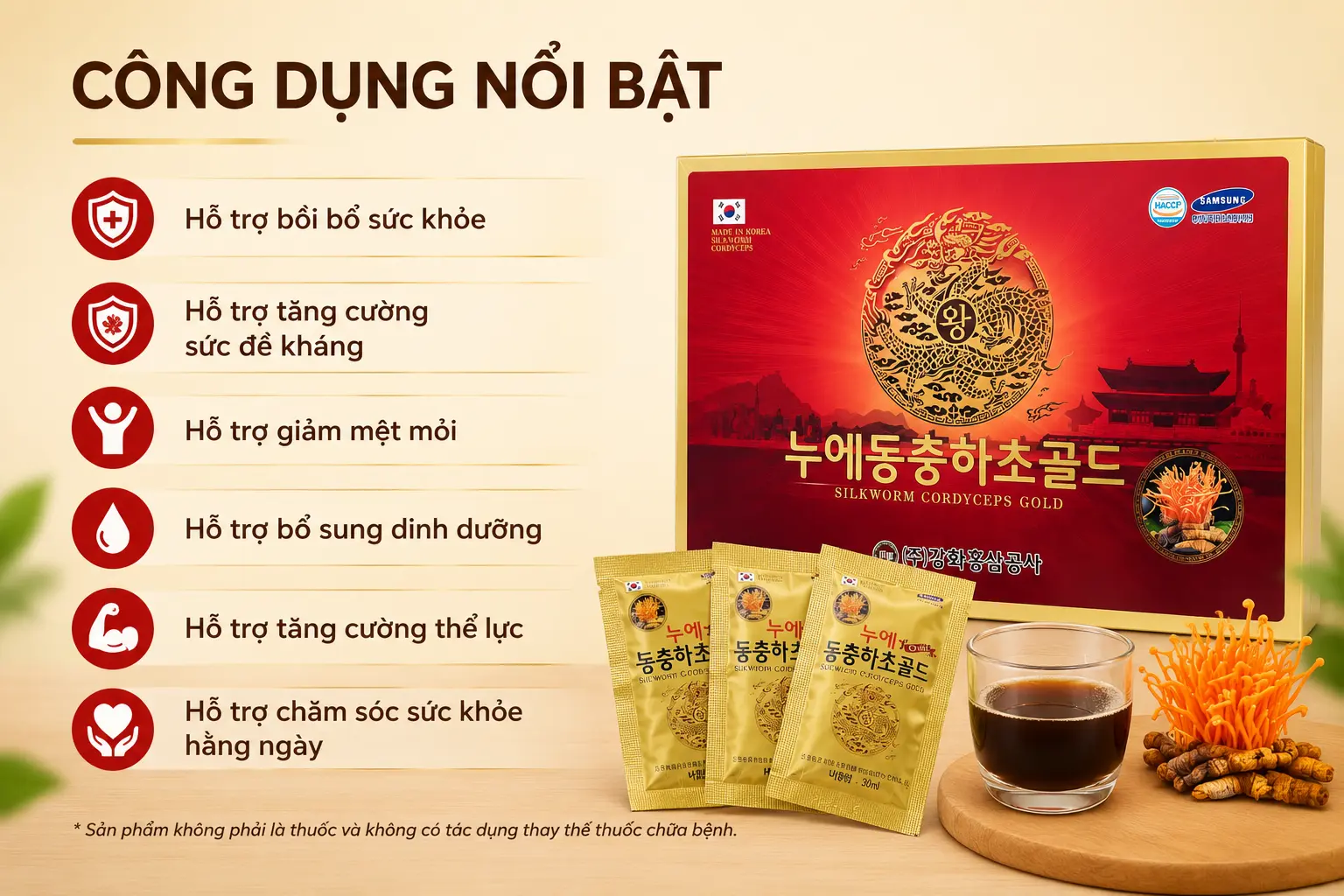Công dụng nước đông trùng hạ thảo Hàn Quốc Kanghwa Gold King 60 gói hộp gỗ vàng