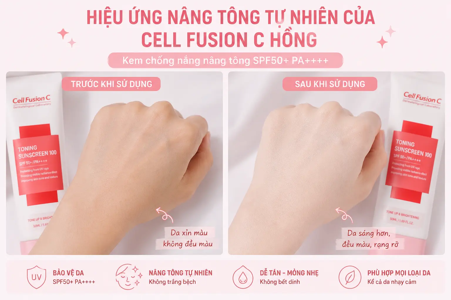 Hiệu ứng nâng tông tự nhiên của kem chống nắng Cell Fusion C Hồng