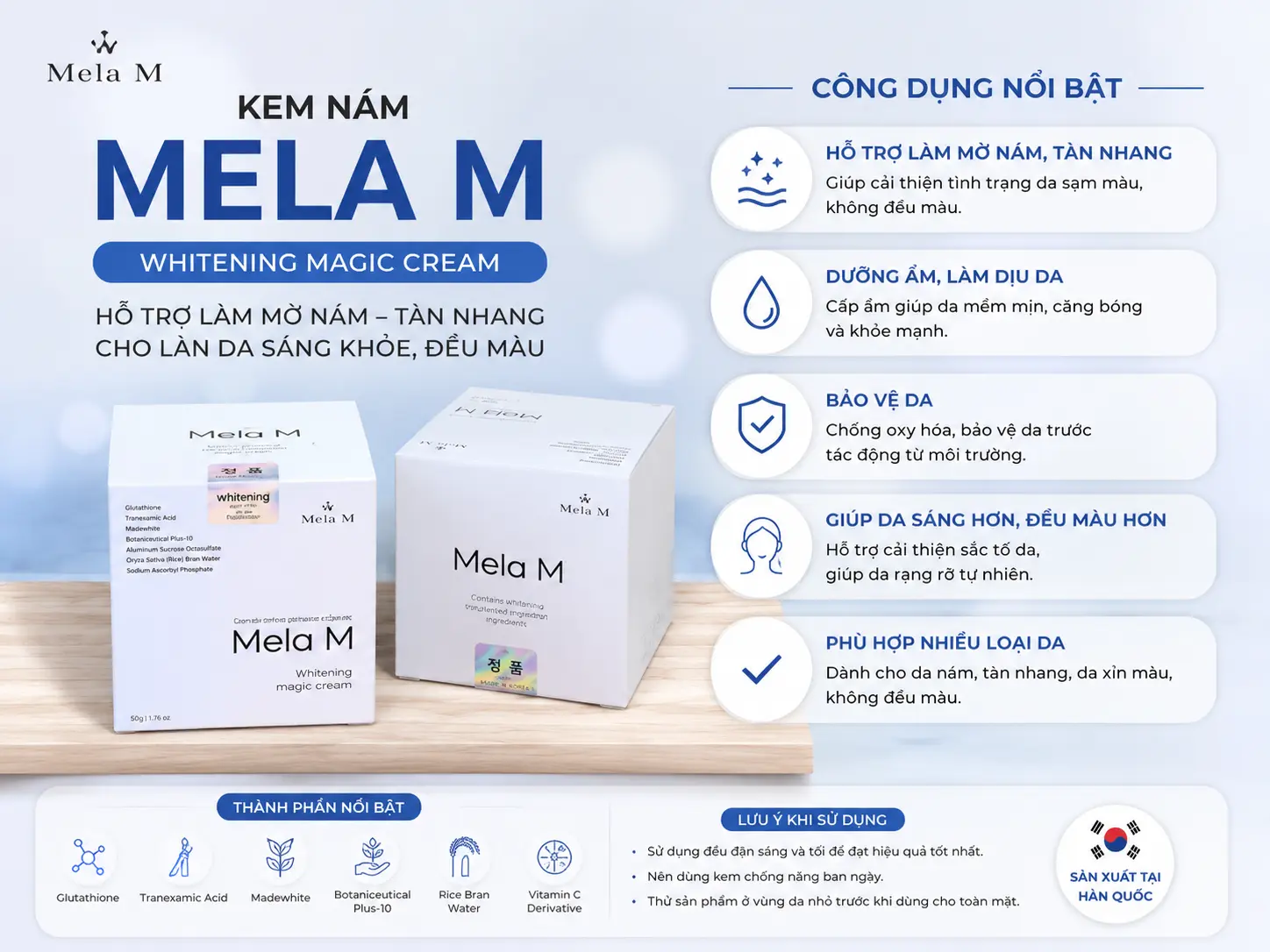Bao bì Kem Mela M chính hãng giúp người dùng nhận biết sản phẩm trước khi mua