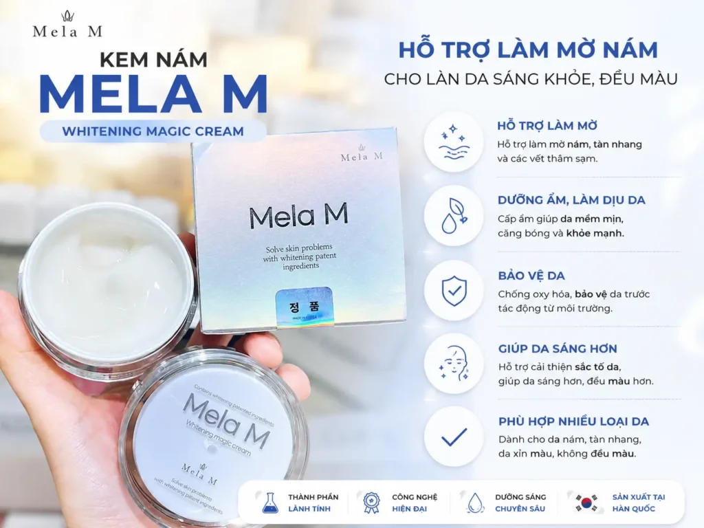 Kem Mela M với kết cấu kem mềm mịn, hỗ trợ dưỡng sáng và chăm sóc làn da