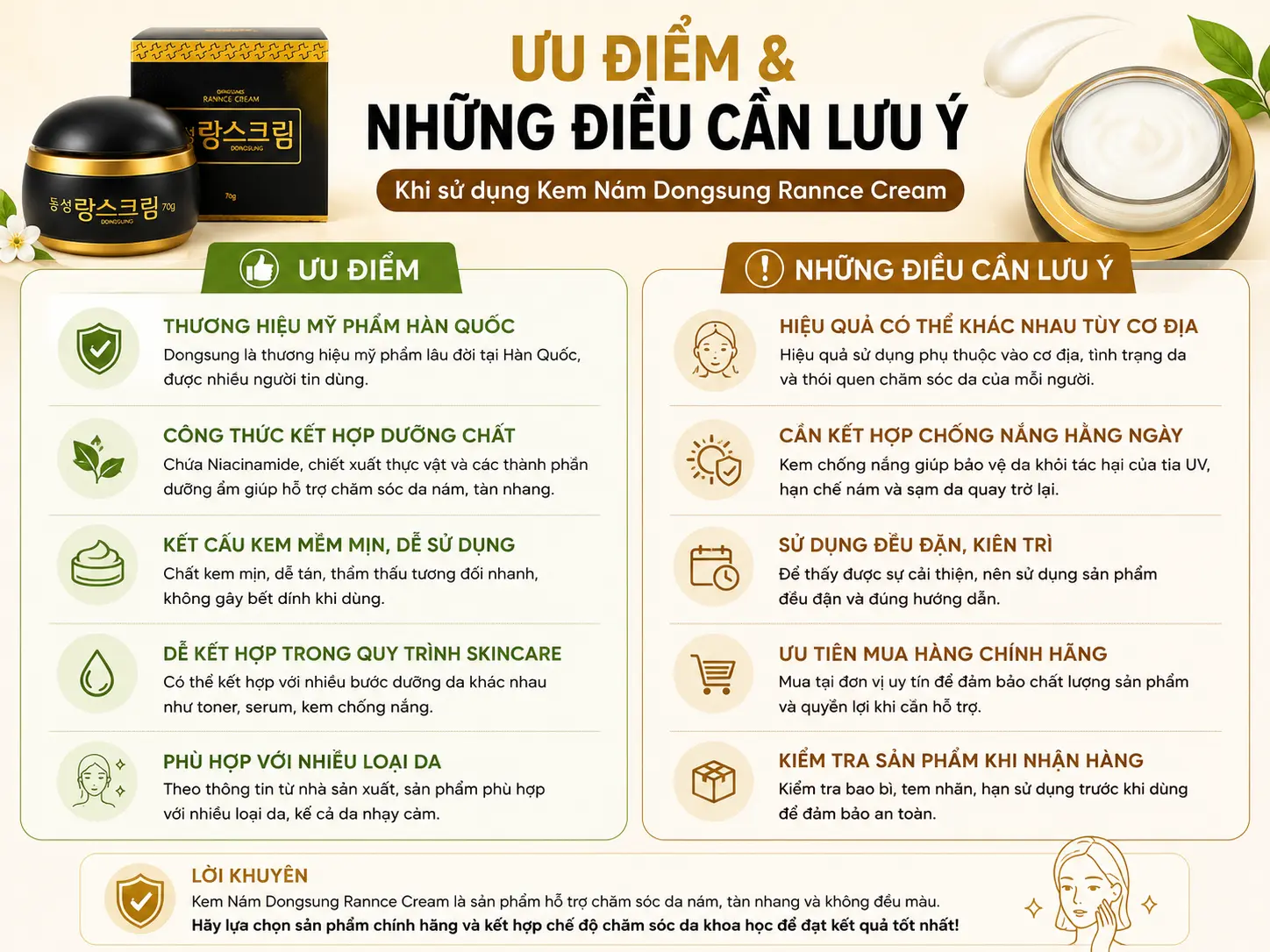 Infographic ưu điểm và những lưu ý khi sử dụng Kem Nám Dongsung Rannce Cream